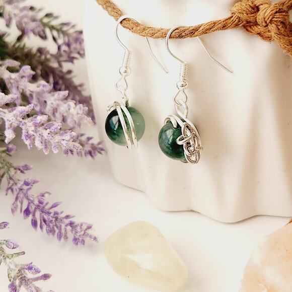 Green Natural Jade Stone Earrings, Silver Plated Wire Wrapped Earrings - Picture 2 of 12